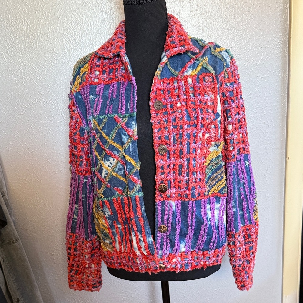 Chenille Vintage Vibrant Patchwork tie dye Jean Jacket